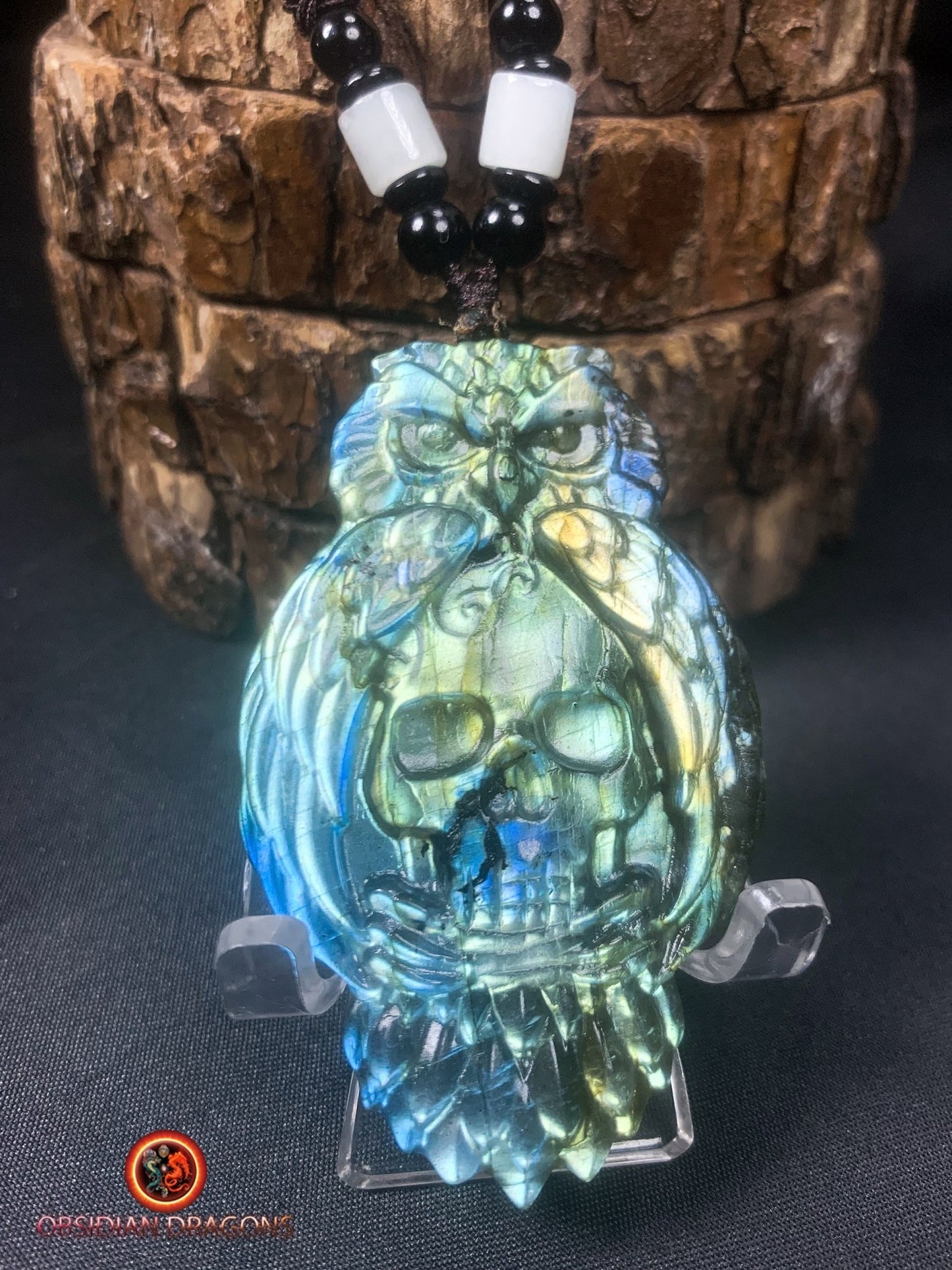 pendentif crâne et hibou en labradorite