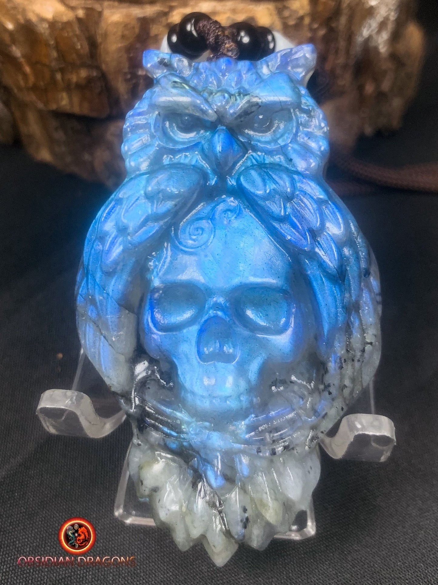 pendentif crâne et hibou en labradorite