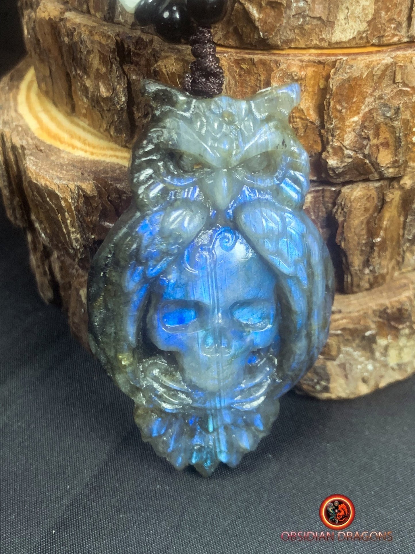 pendentif crâne et hibou en labradorite