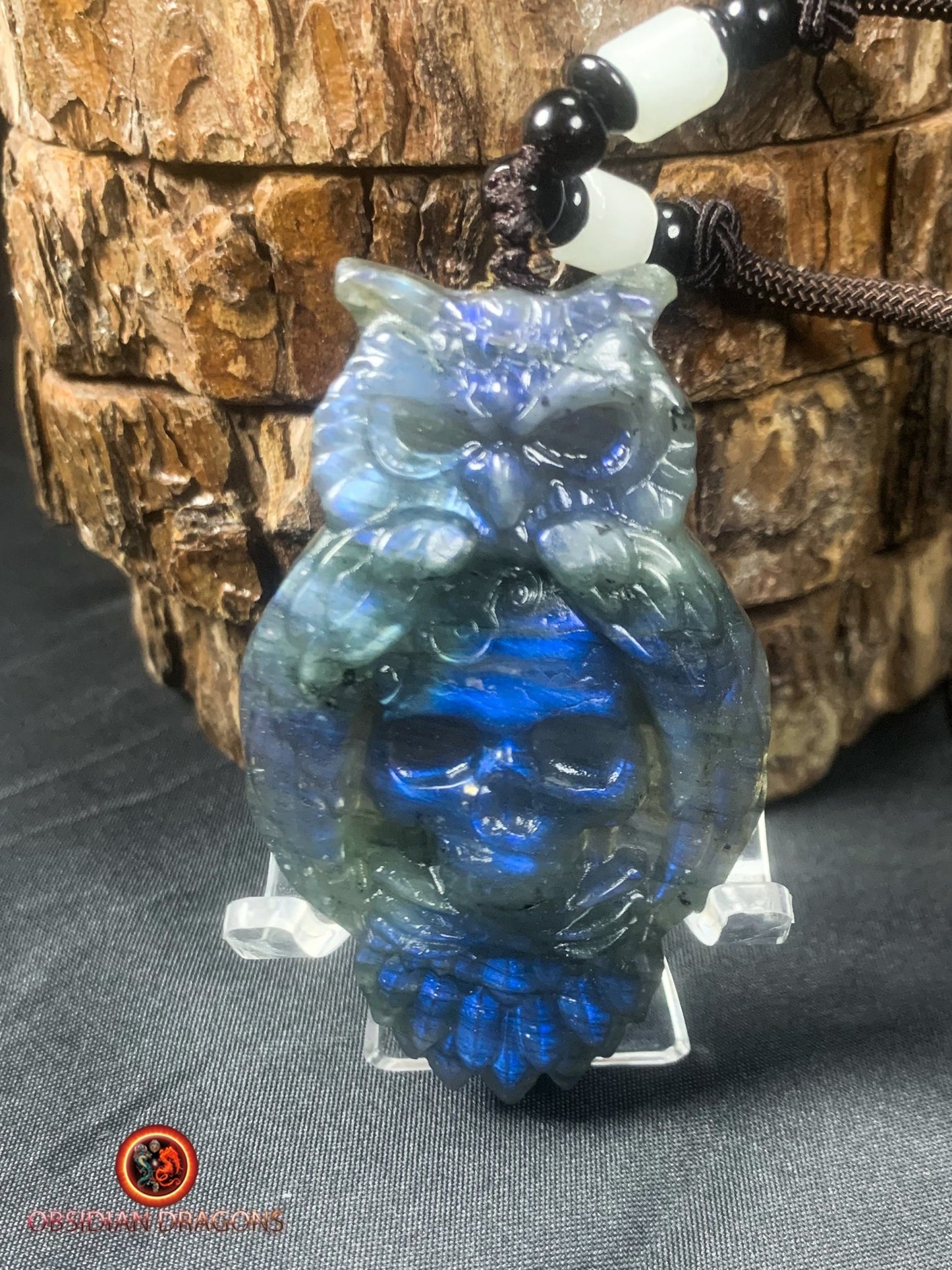 pendentif crâne et hibou en labradorite