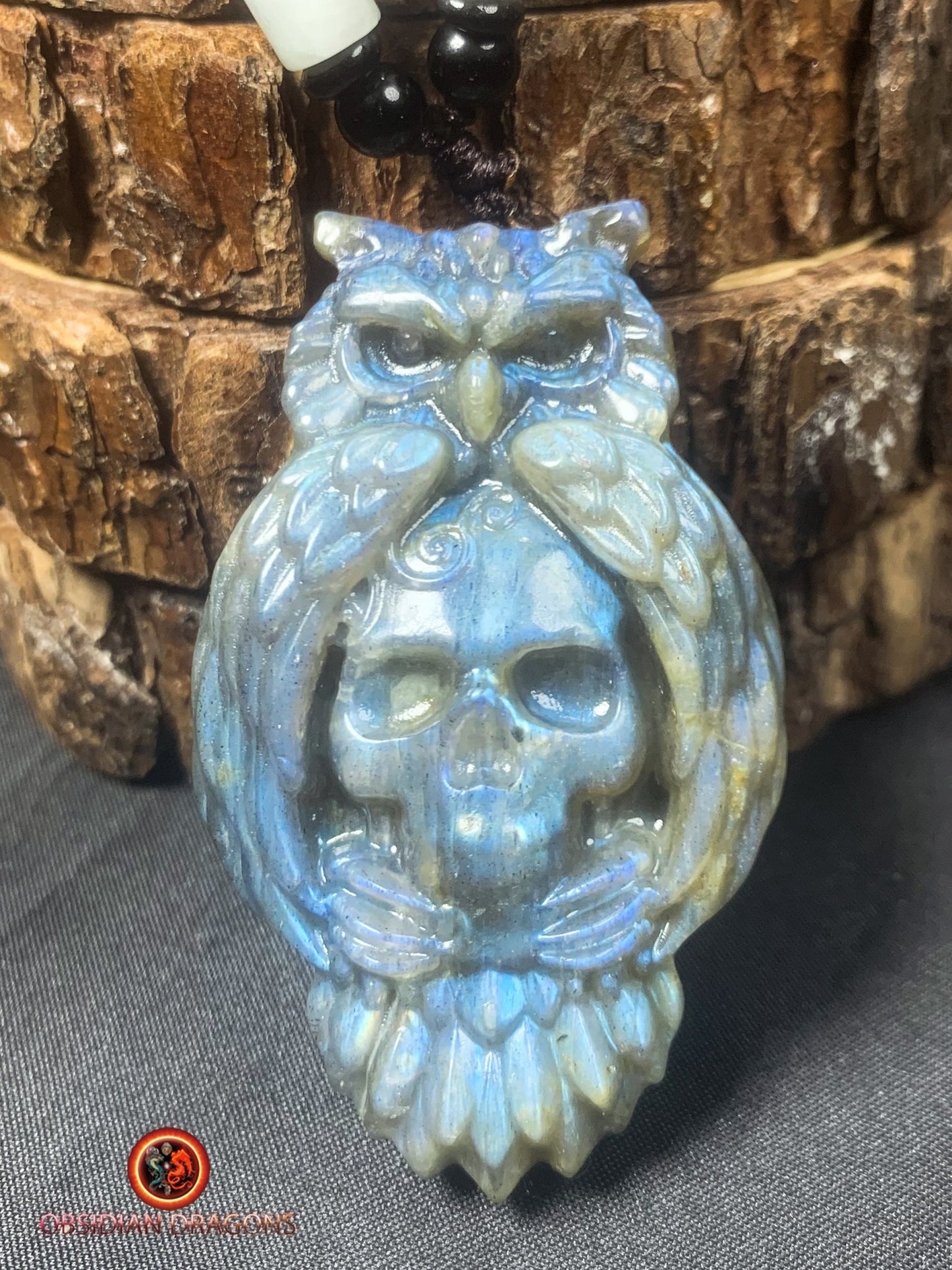 pendentif crâne et hibou en labradorite - obsidian dragons