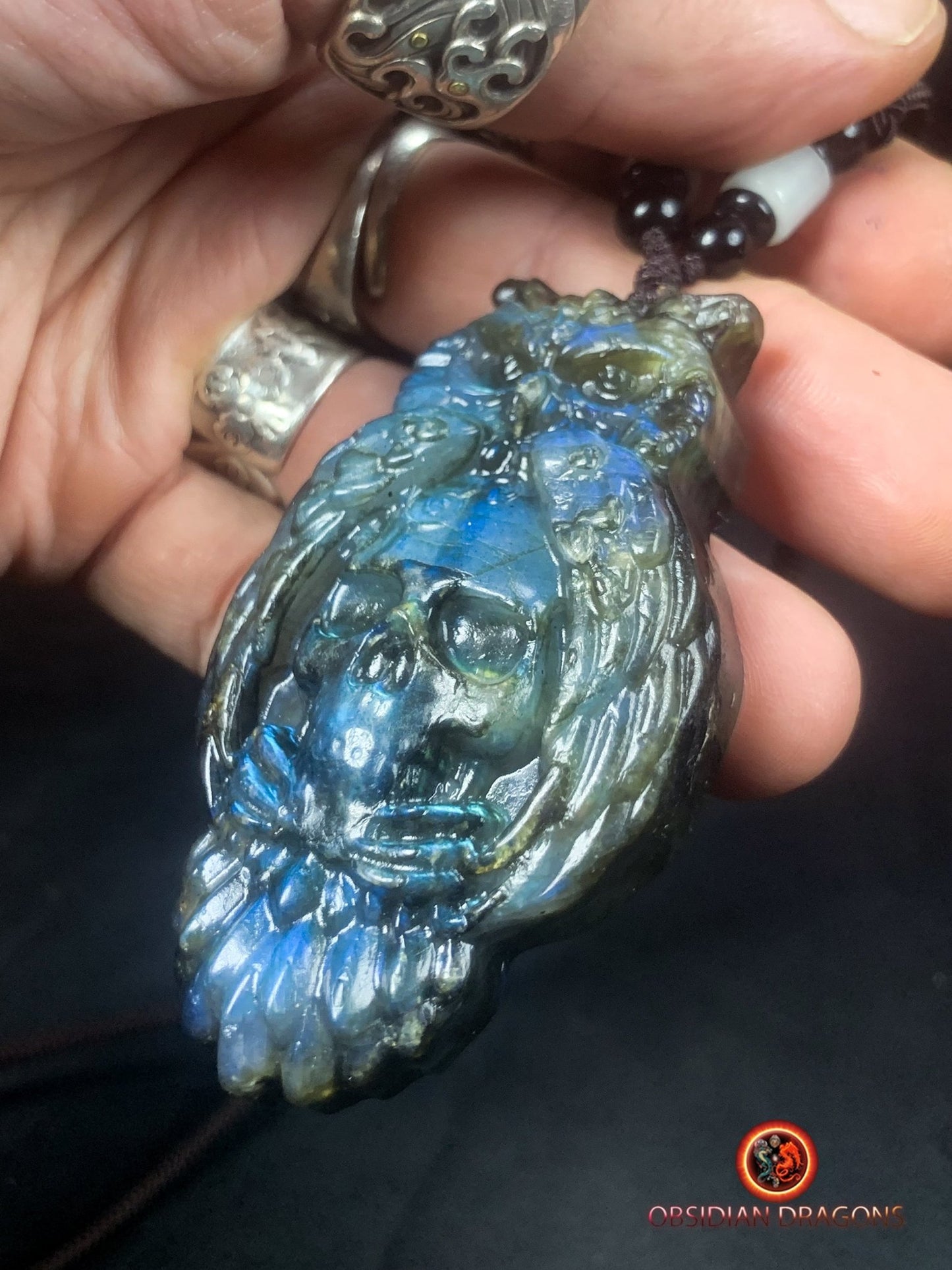 pendentif crâne et hibou en labradorite