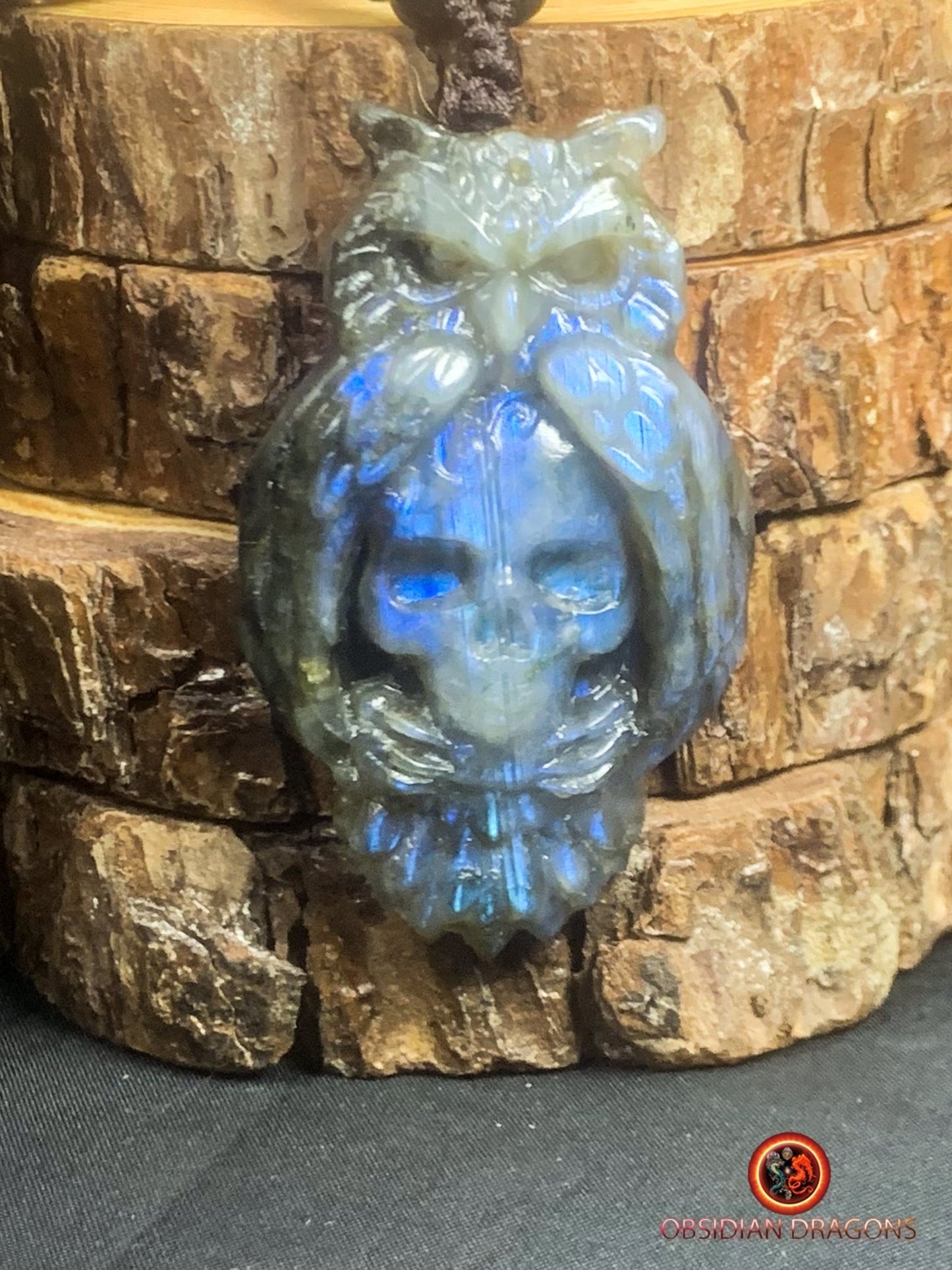 pendentif crâne et hibou en labradorite