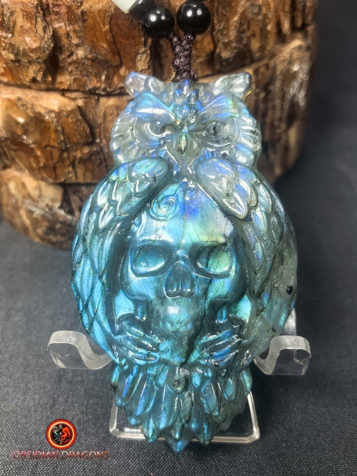 pendentif crâne et hibou en labradorite