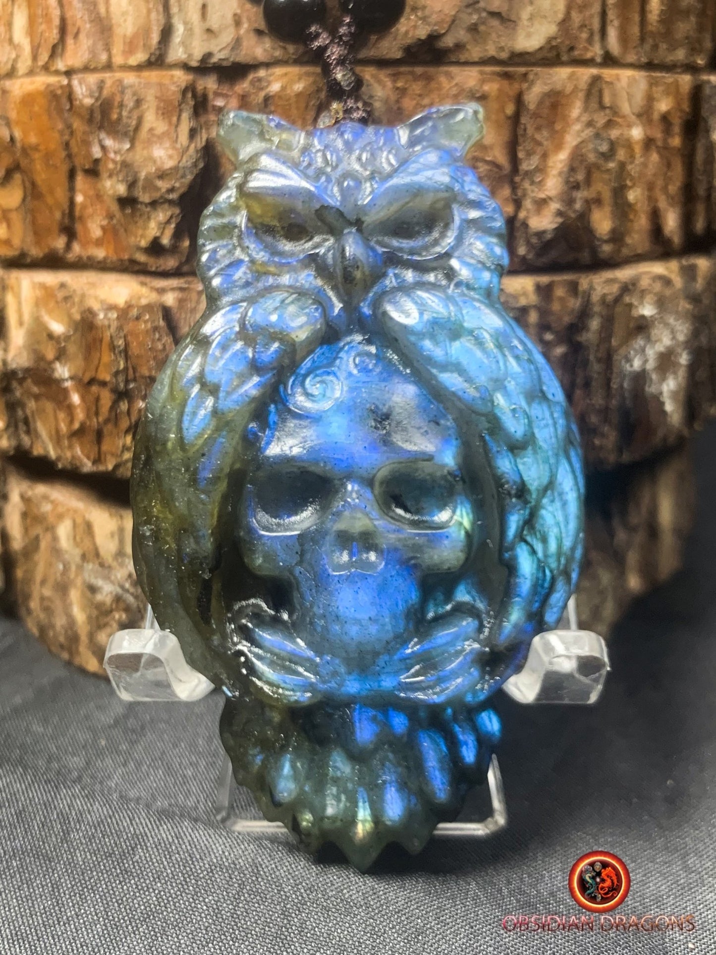 pendentif crâne et hibou en labradorite