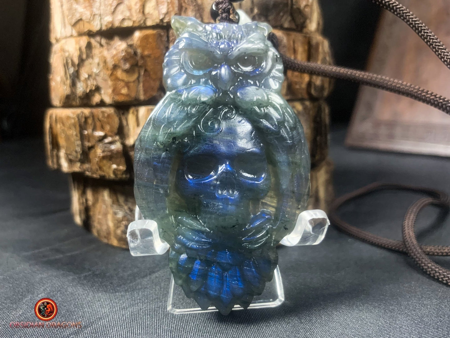 pendentif crâne et hibou en labradorite