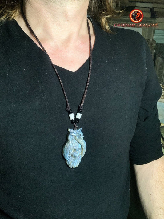 pendentif crâne et hibou en labradorite