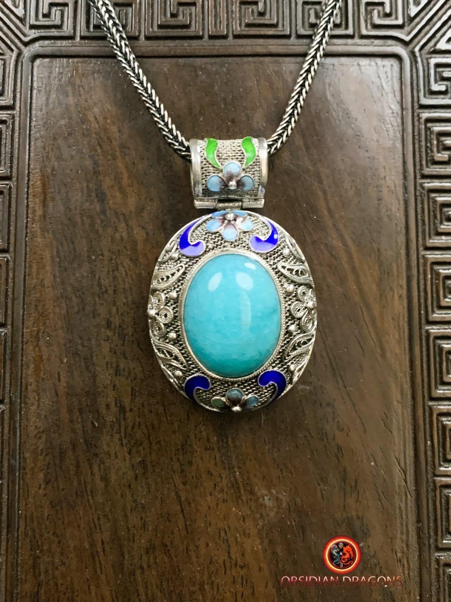 Pendentif en amazonite serti argent filigrané | obsidian dragons