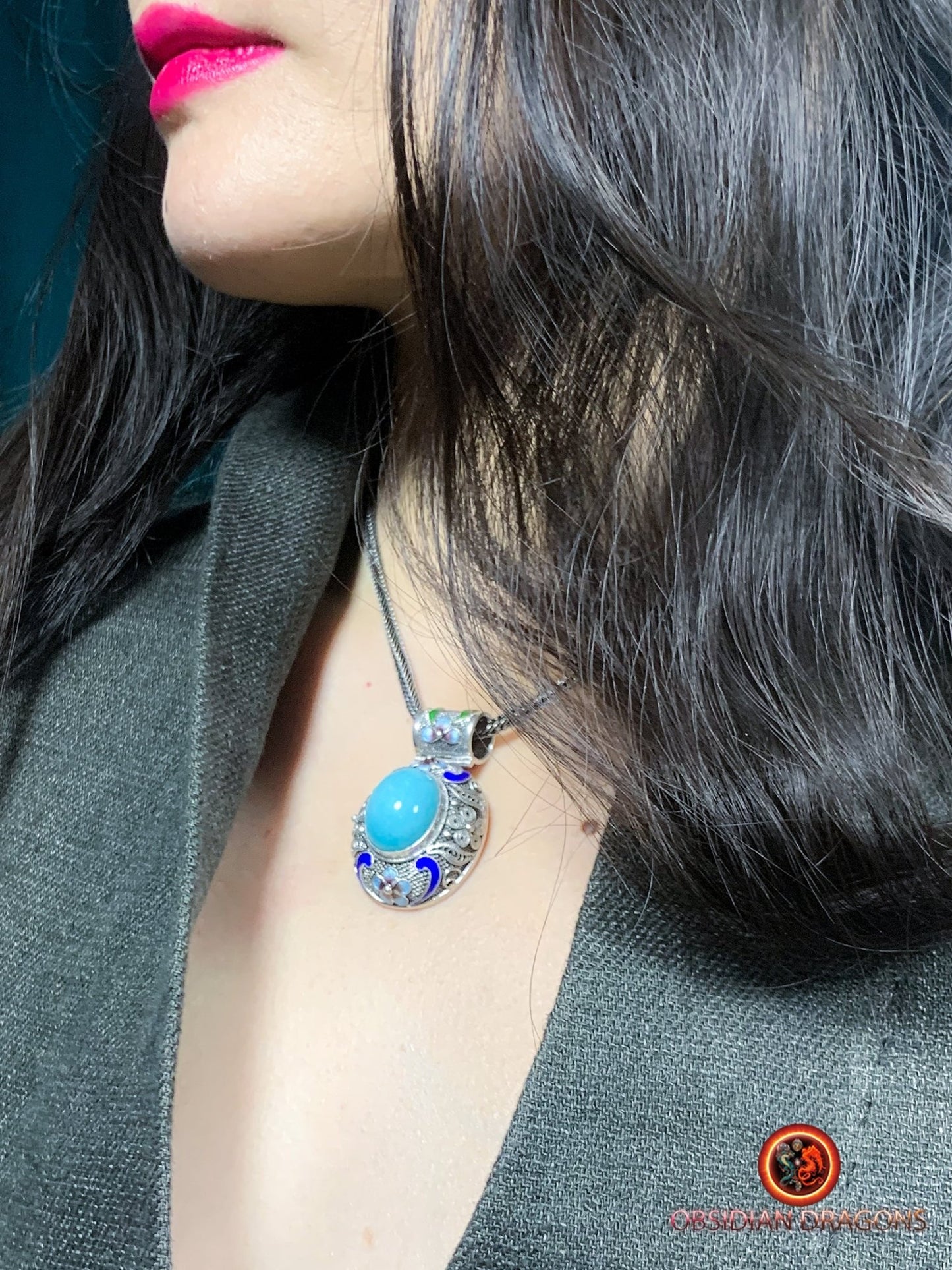 Pendentif en amazonite serti argent- Cité interdite | obsidian dragons