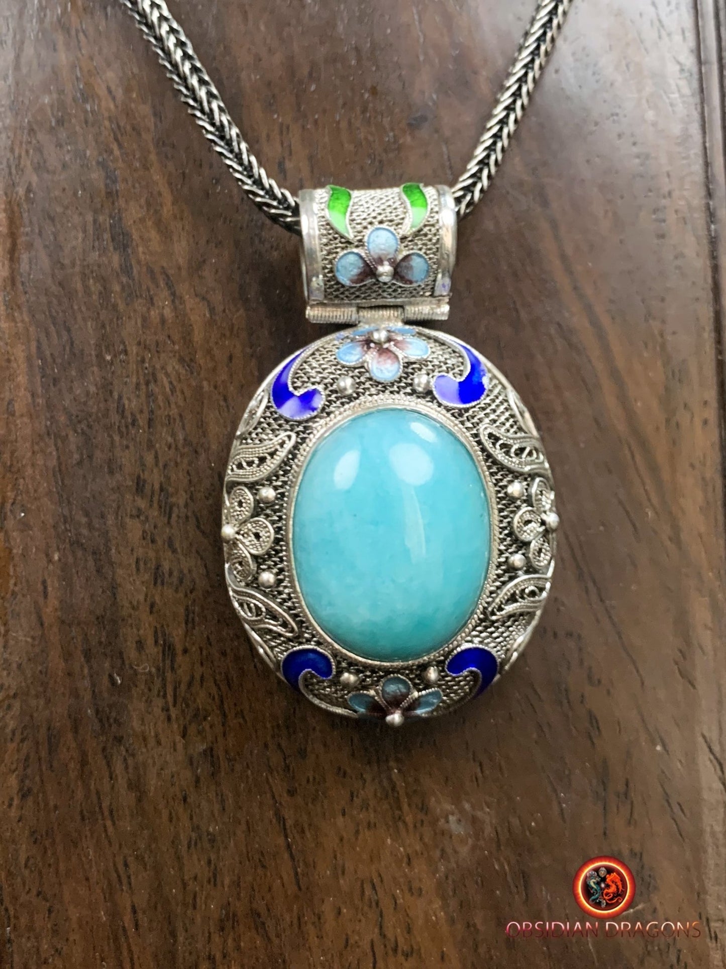 Pendentif en amazonite serti argent- Dynastie Qing | obsidian dragons