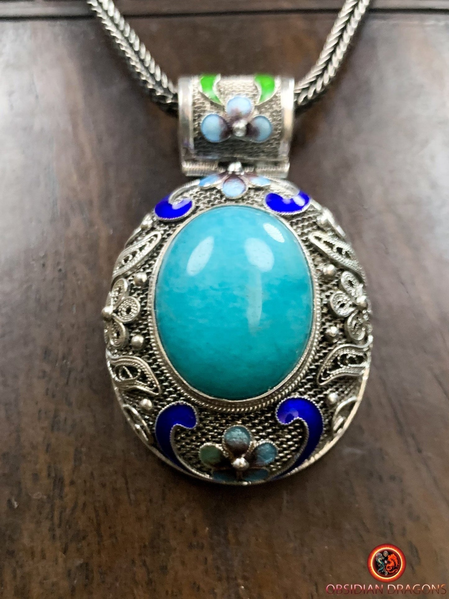 Pendentif en amazonite serti argent filigrané | obsidian dragons