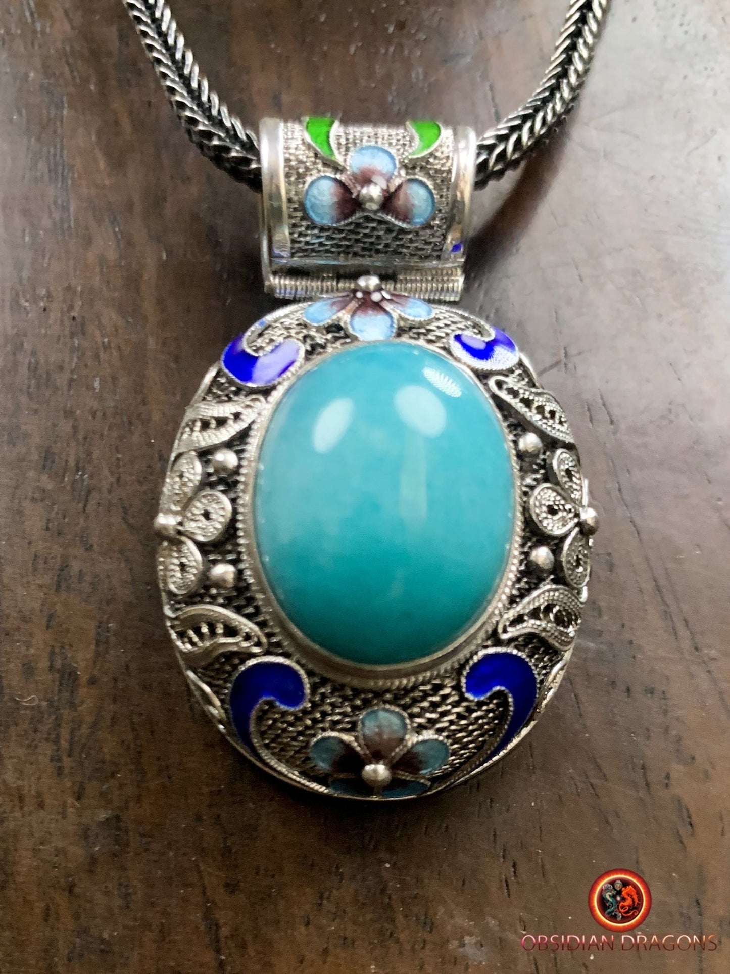 Pendentif en amazonite serti argent- Cité interdite | obsidian dragons