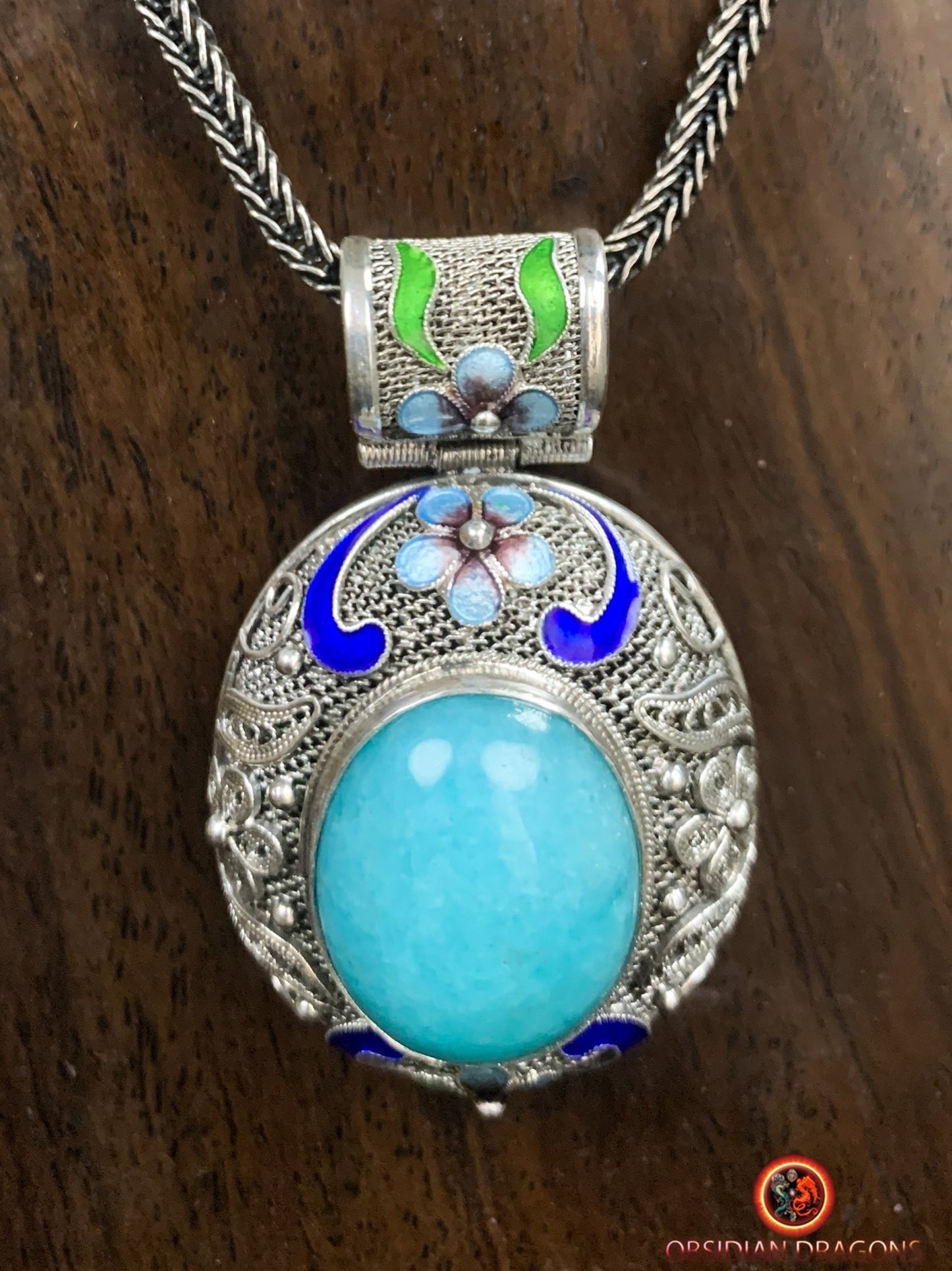 Pendentif en amazonite serti argent filigrané | obsidian dragons