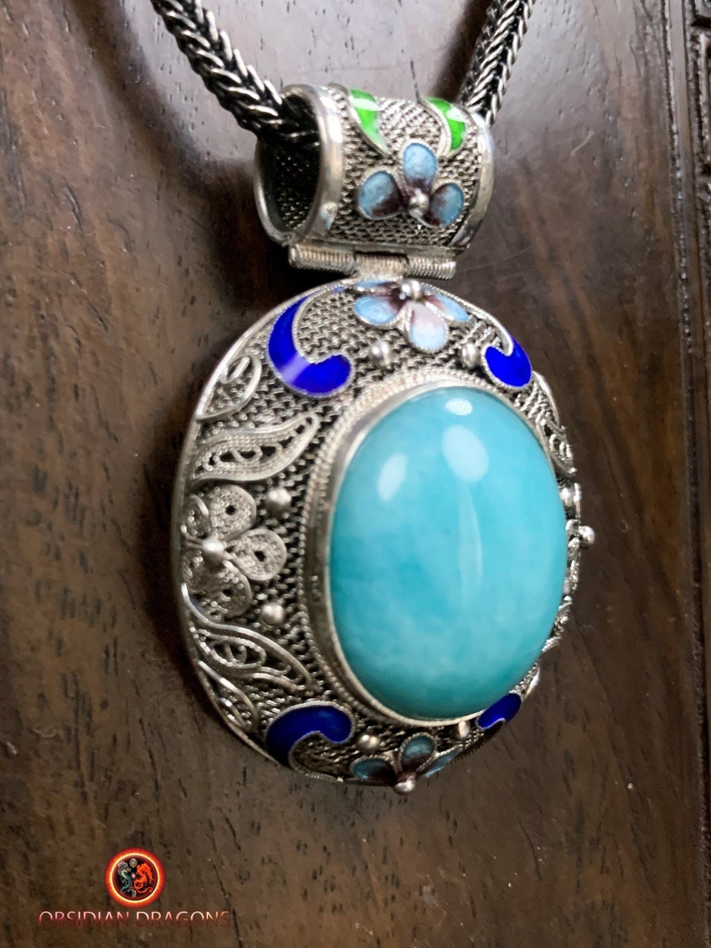 Pendentif en amazonite serti argent- Dynastie Qing | obsidian dragons