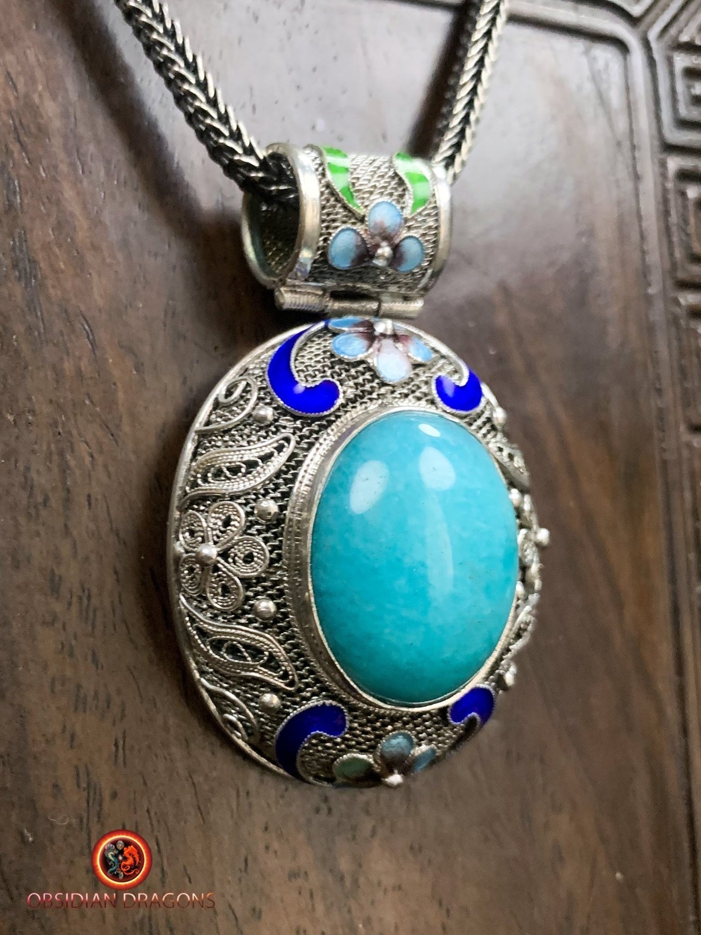 Pendentif en amazonite serti argent filigrané | obsidian dragons