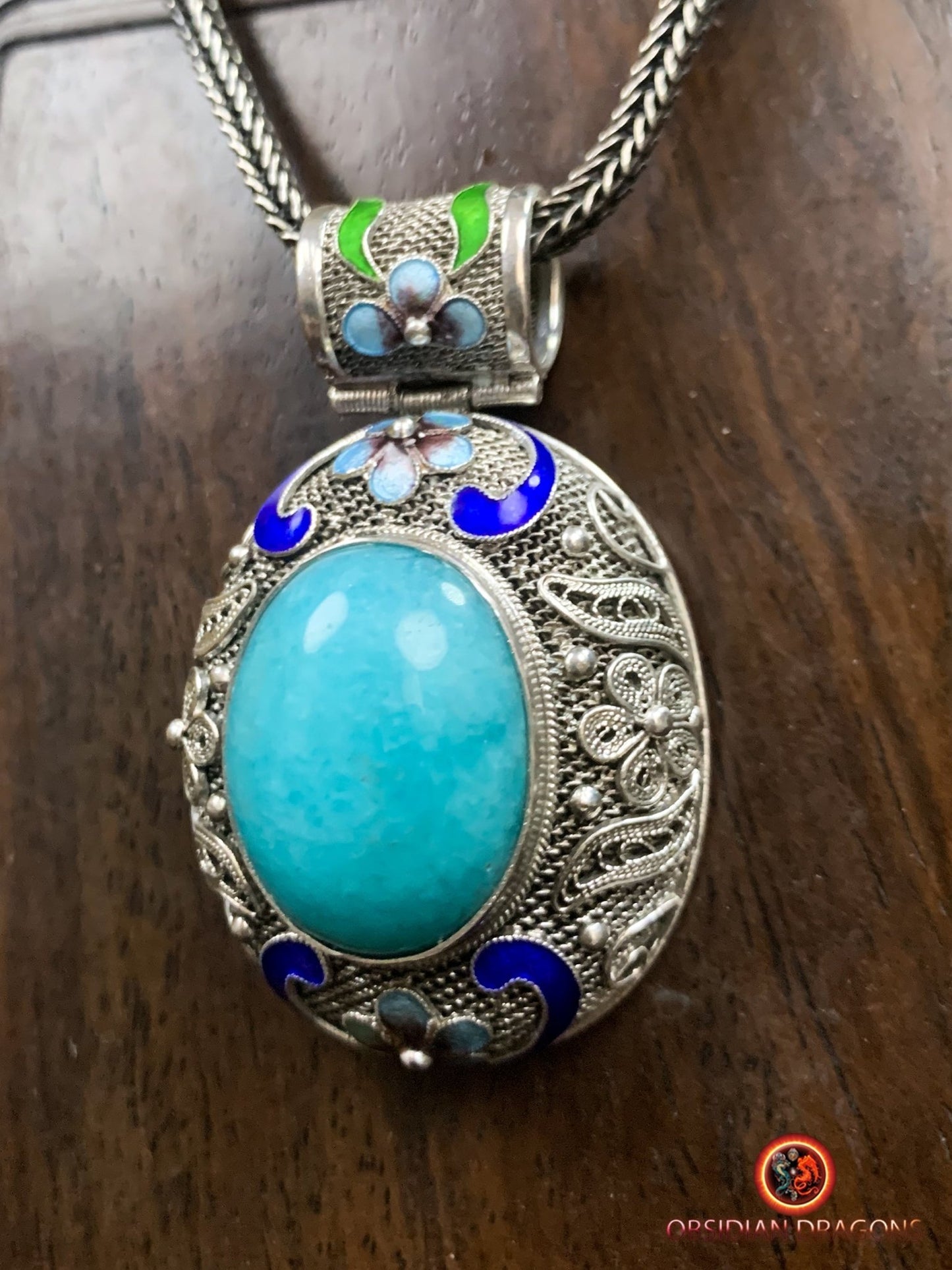 Pendentif en amazonite serti argent filigrané | obsidian dragons