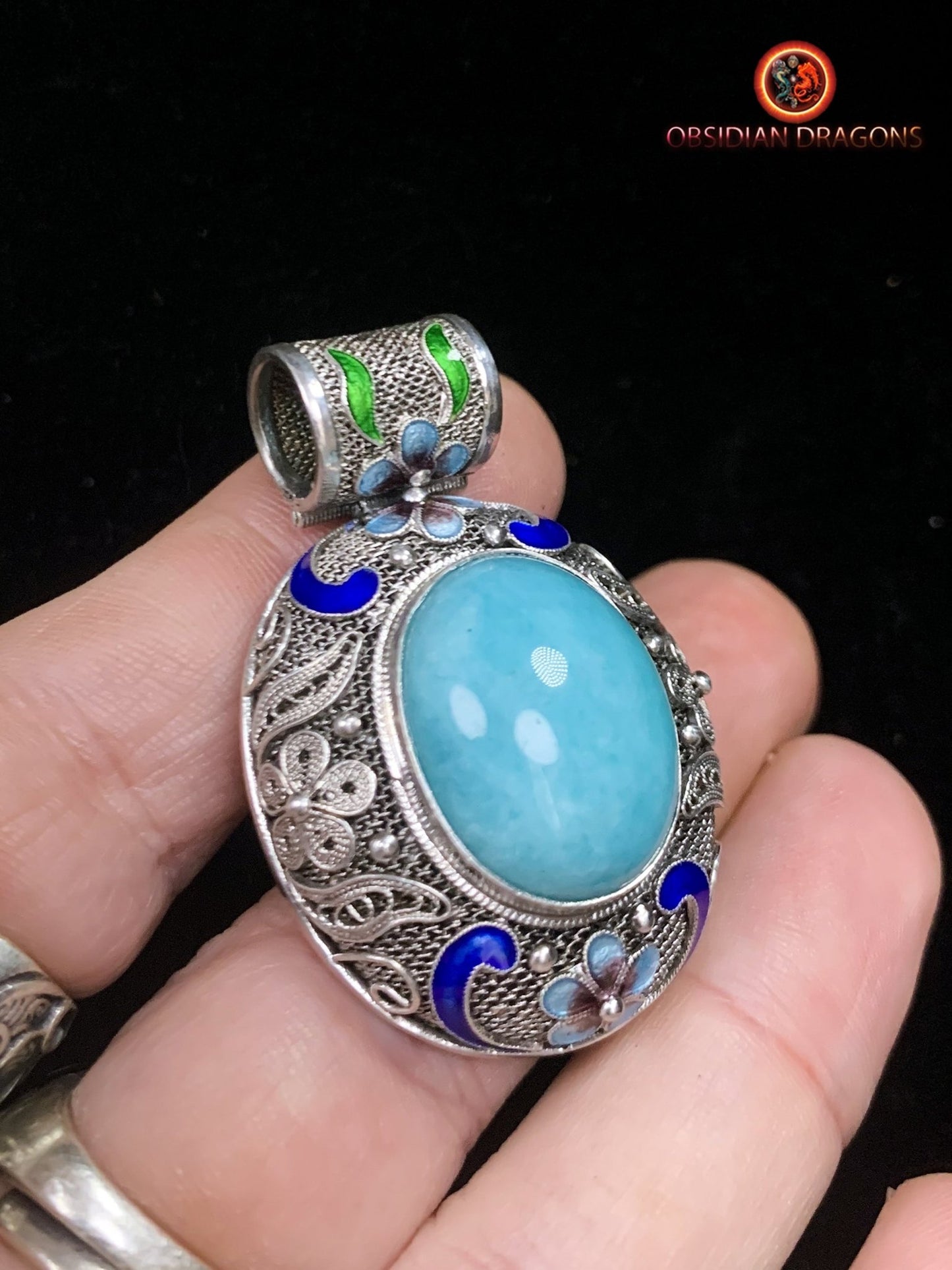 Pendentif en amazonite serti argent- Dynastie Qing | obsidian dragons