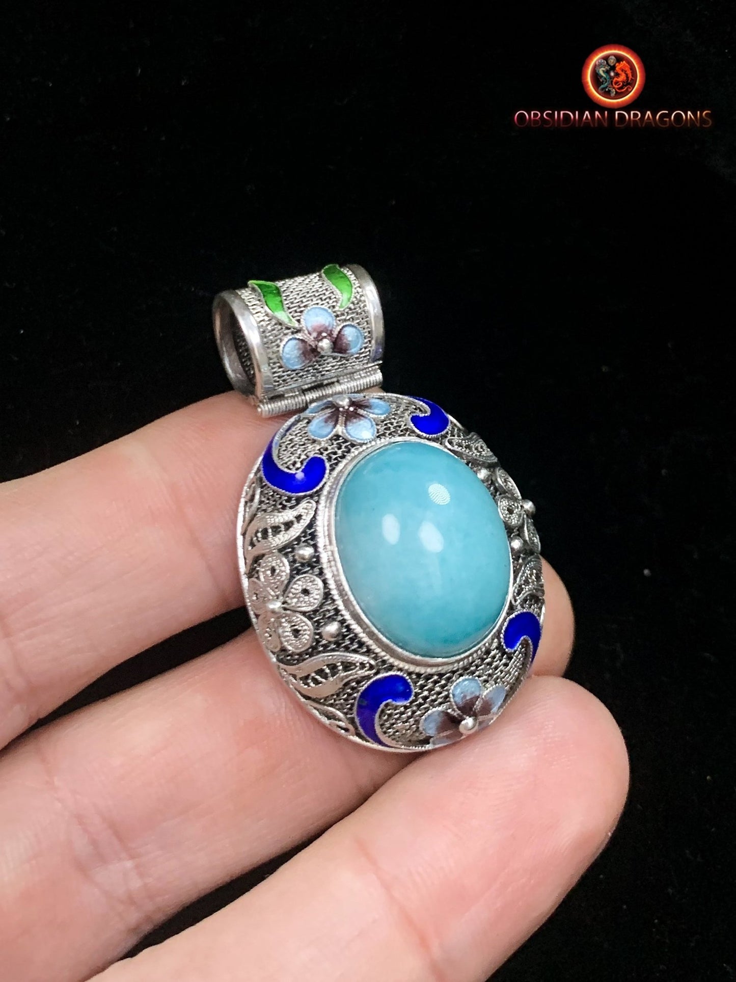 Pendentif en amazonite serti argent- Cité interdite | obsidian dragons