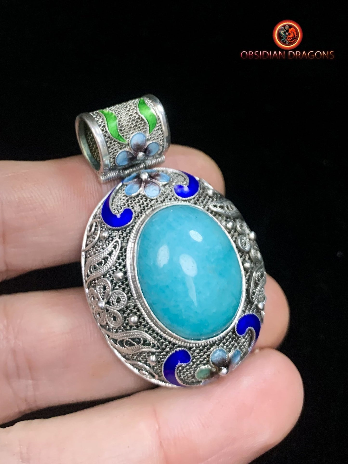 Pendentif en amazonite serti argent filigrané | obsidian dragons