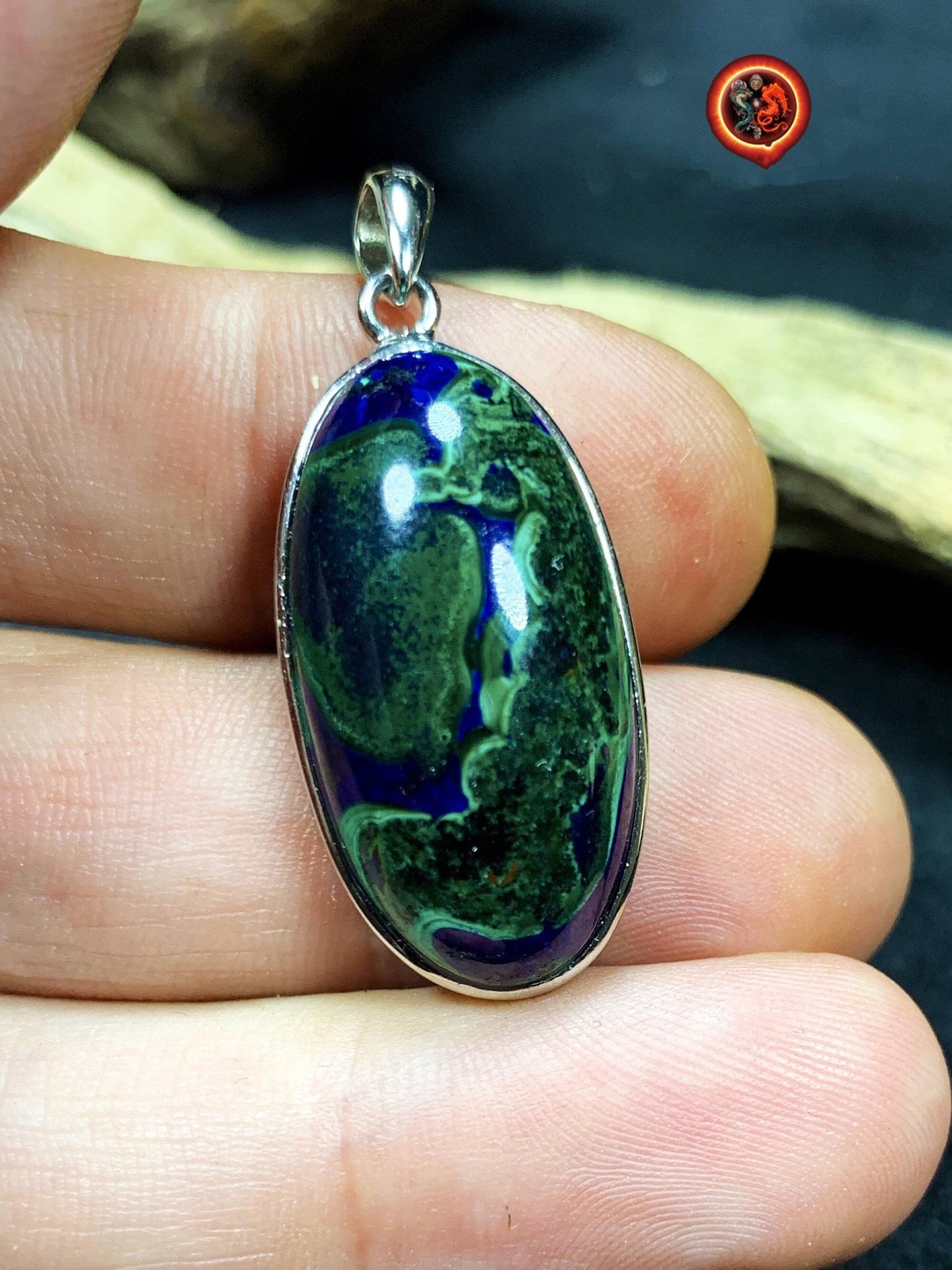 Pendentif, Azurite malachite. Pendentif serti en argent 925. Azurite malachite du Congo. azurite malachite naturelle sans traitement. - obsidian dragon