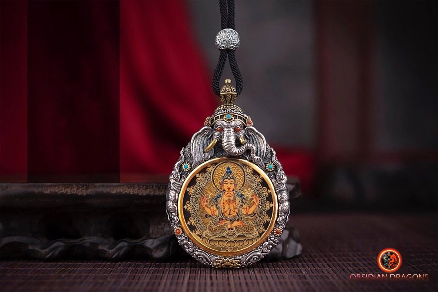 Pendentif thangka tibétain- Bouddha Chenrezig