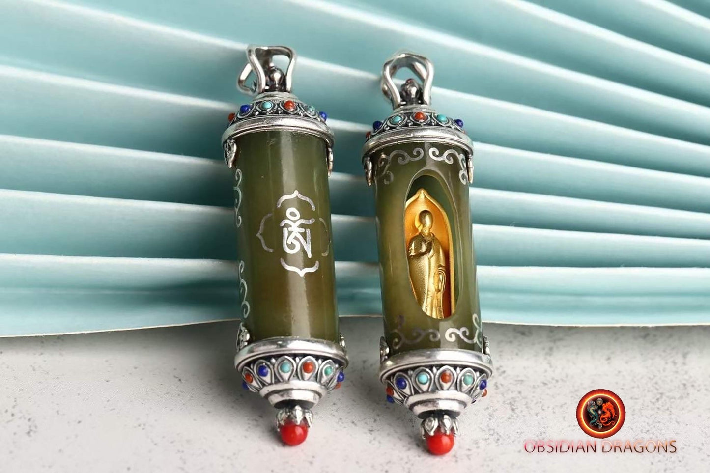 Pendentif Bouddha- Ghau : Jade, Argent plaqué or