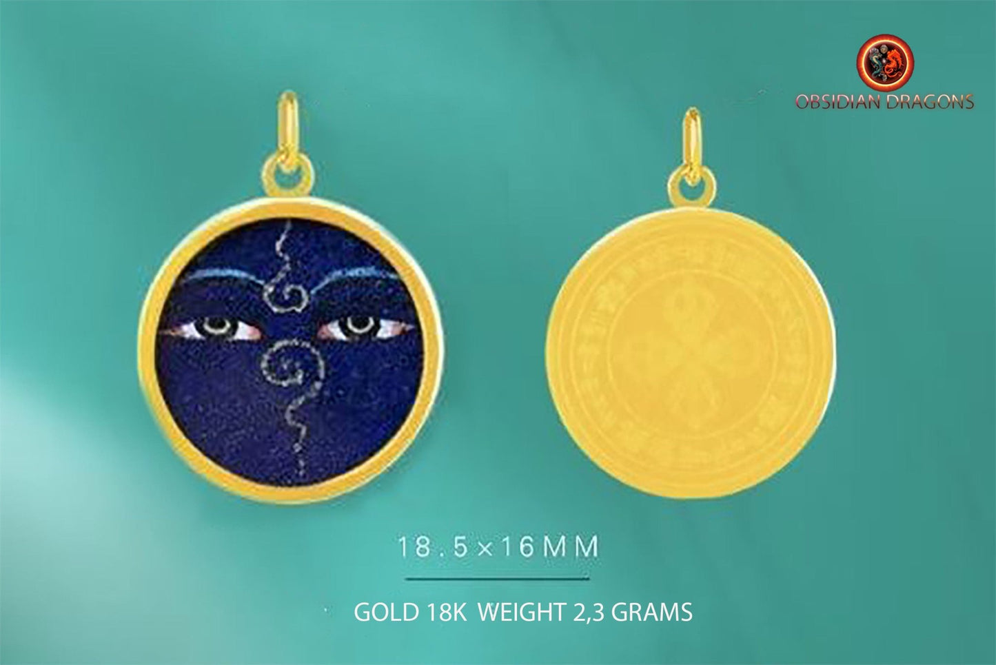 Pendentif Tangka- Yeux de Bouddha bleu- Or 18K