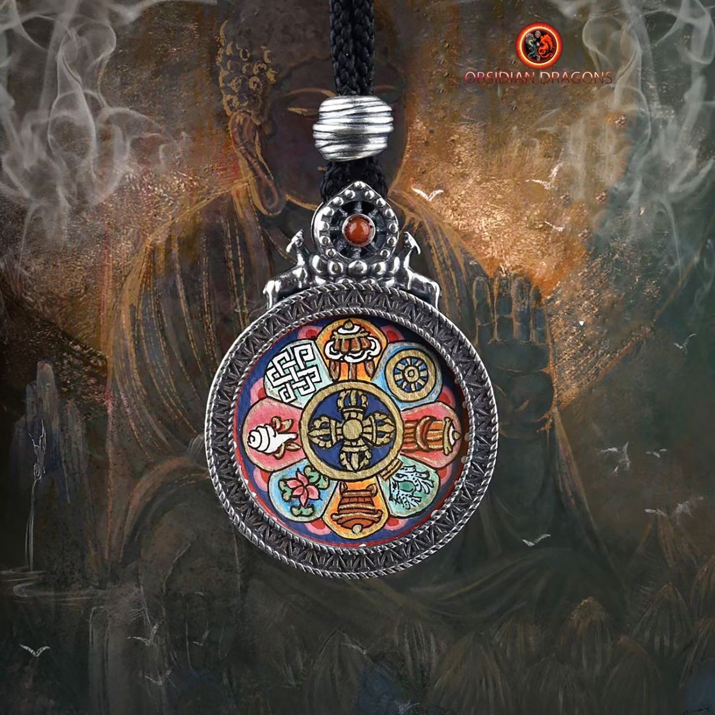 Pendentif Tangka tibétain- 8 signes auspicieux