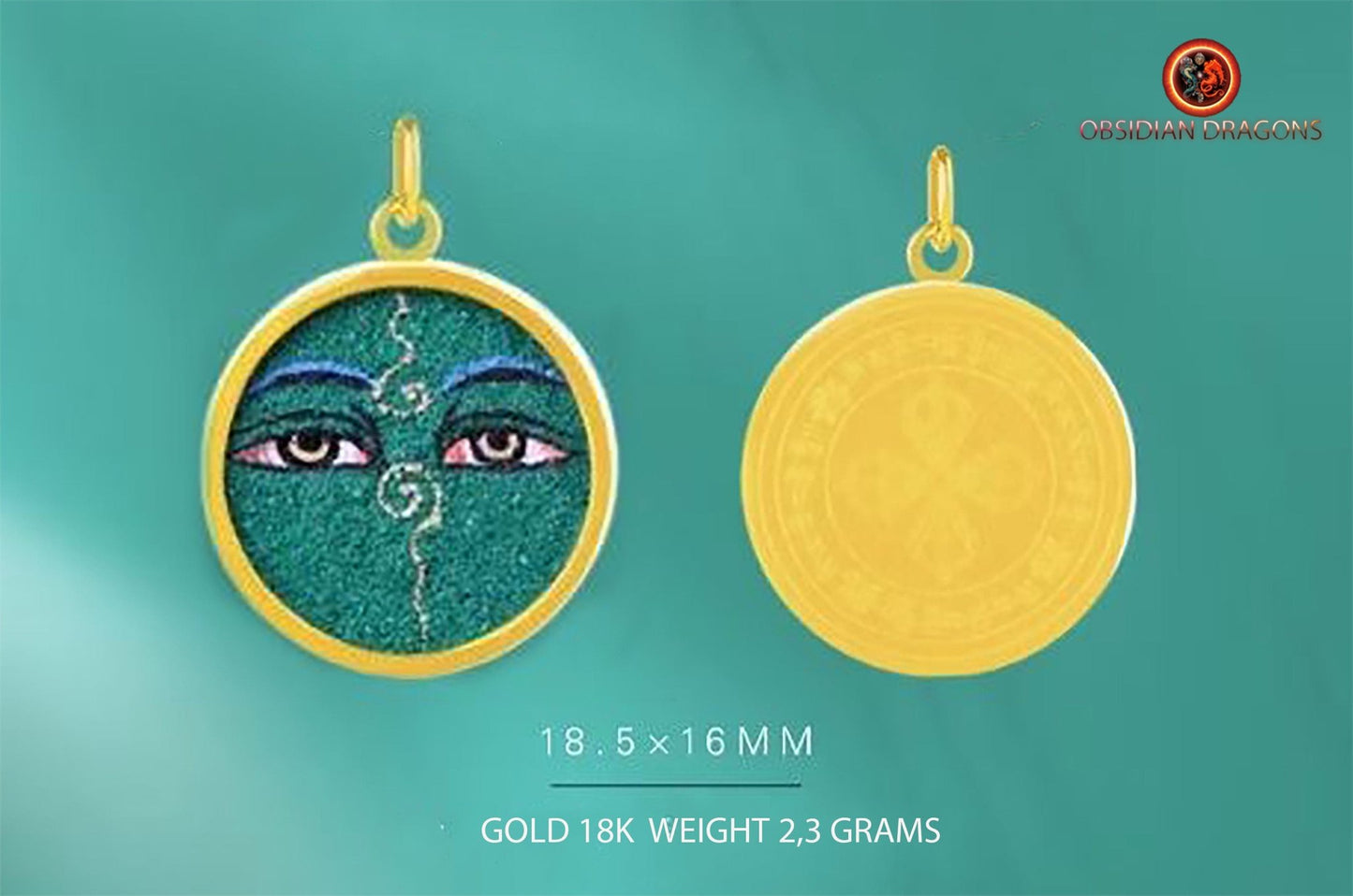 Pendentif Tangka- Yeux de Bouddha vert- Or 18K