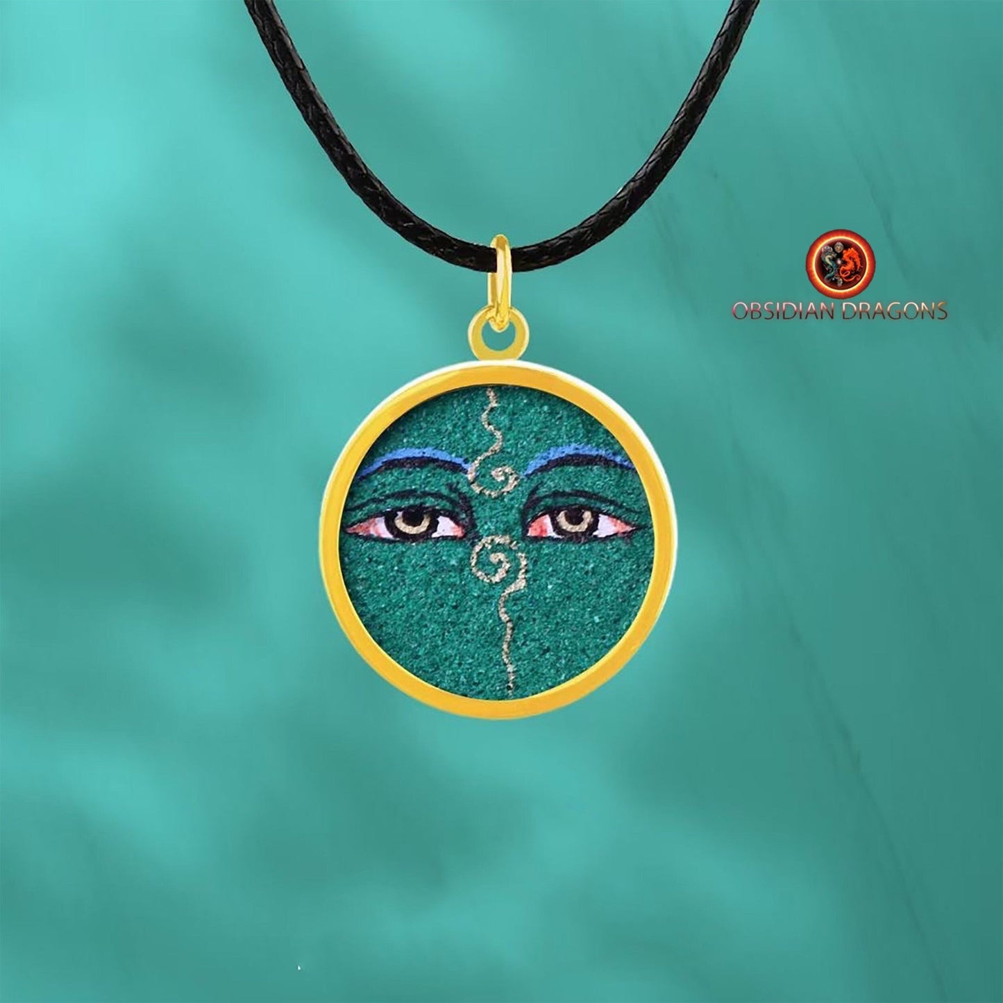 Pendentif Tangka- Yeux de Bouddha vert- Or 18K
