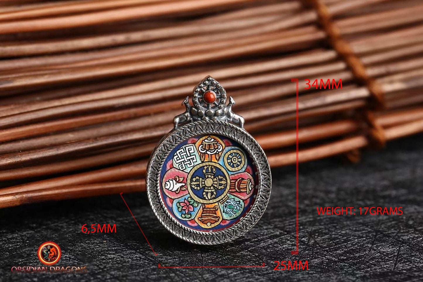 Pendentif Tangka tibétain- 8 signes auspicieux