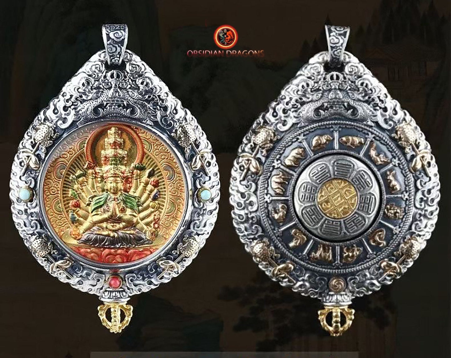 pendentif bouddha. protection de Cherenzig/ Guan Yin bodhisattva, sous sa forme milles bras. Authentique ghau avec tangka peint sur or. Amulette bouddhiste vajrayana - obsidian dragon