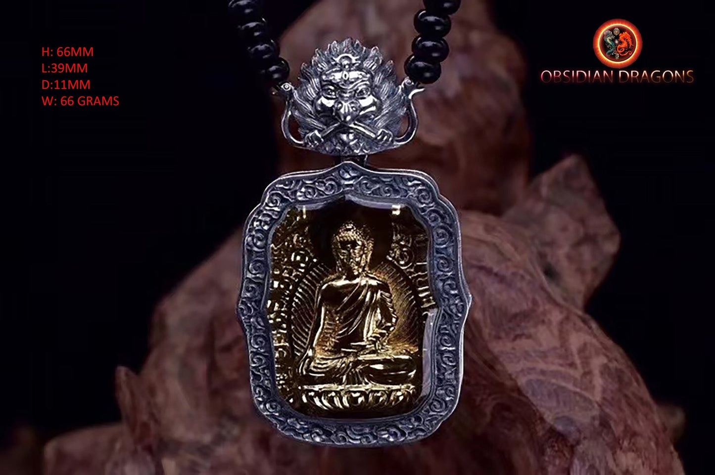 Pendentif bouddha Sakyamuni, amulette de protection du bouddhisme vajrayana esoterique tibétain. représentation de Garuda sur la beliere. - obsidian dragon