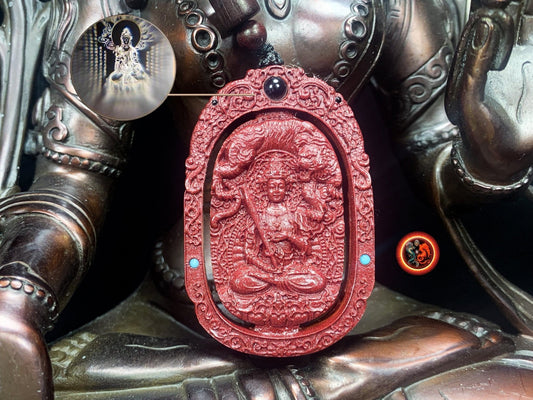 Pendentif, amulette bouddhiste tibétaine, bouddha. Akashagarbha. Cinabre. sutra du coeur en nanoscript. Protection bouddhiste. Avec cordon - obsidian dragon