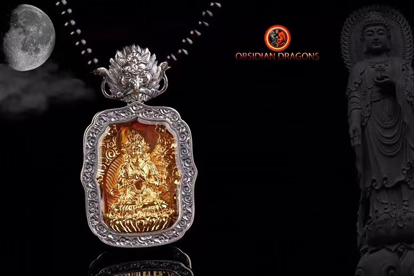 Pendentif bouddha Samantabhadra amulette de protection du bouddhisme vajrayana esoterique tibétain. représentation de Garuda sur la beliere. - obsidian dragon