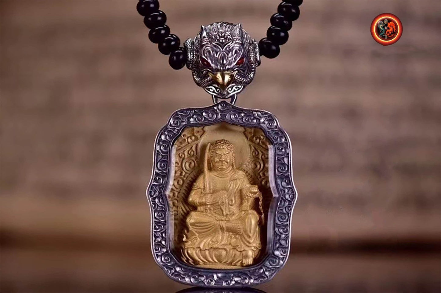 pendentif amulette de protection bouddhiste Bouddha Acala mala de prière et méditation 108 perles, argent 925 or 18K bélière Garuda - obsidian dragon