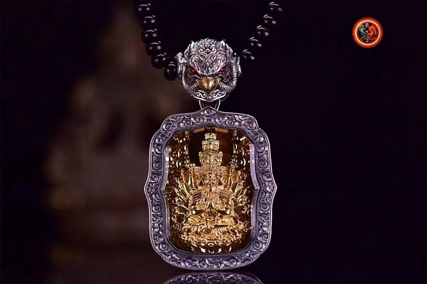 pendentif amulette de protection bouddhiste Bouddha Chenrezi mala de prière et méditation 108 perles, argent 925 or 18K bélière Garuda - obsidian dragon