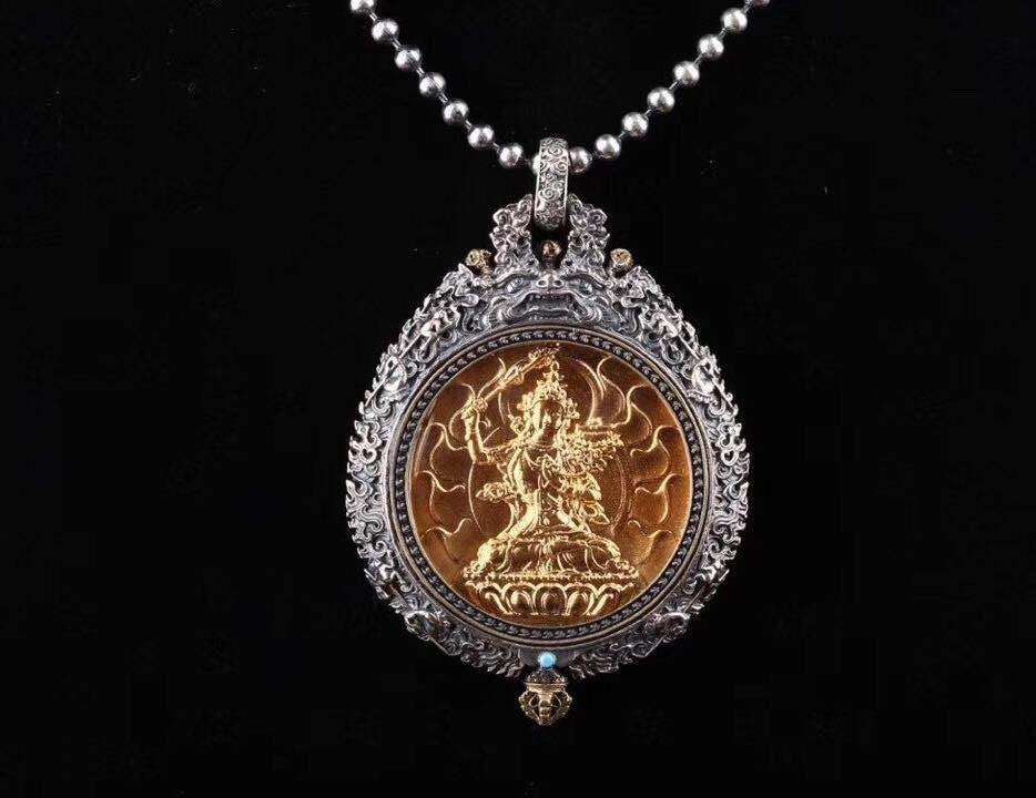 reliquaire de protection bouddhiste Manjushri en argent massif 925 plaqué or 18k turquoise. roue de la vie - obsidian dragon