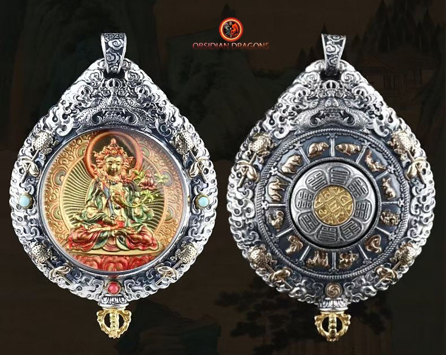 pendentif bouddha. protection d' Akashagarbha bodhisattva. Authentique ghau avec tangka peint sur or. Amulette bouddhiste vajrayana - obsidian dragon