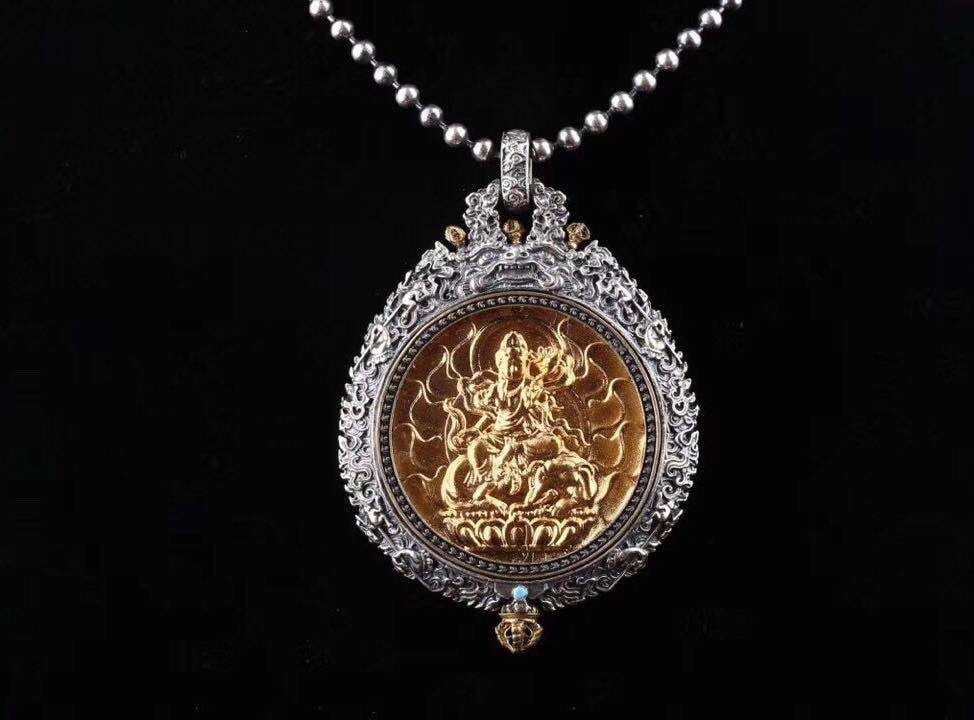 reliquaire de protection bouddhiste Samantabhadra en argent massif 925 plaqué or 18k turquoise. roue de la vie - obsidian dragon