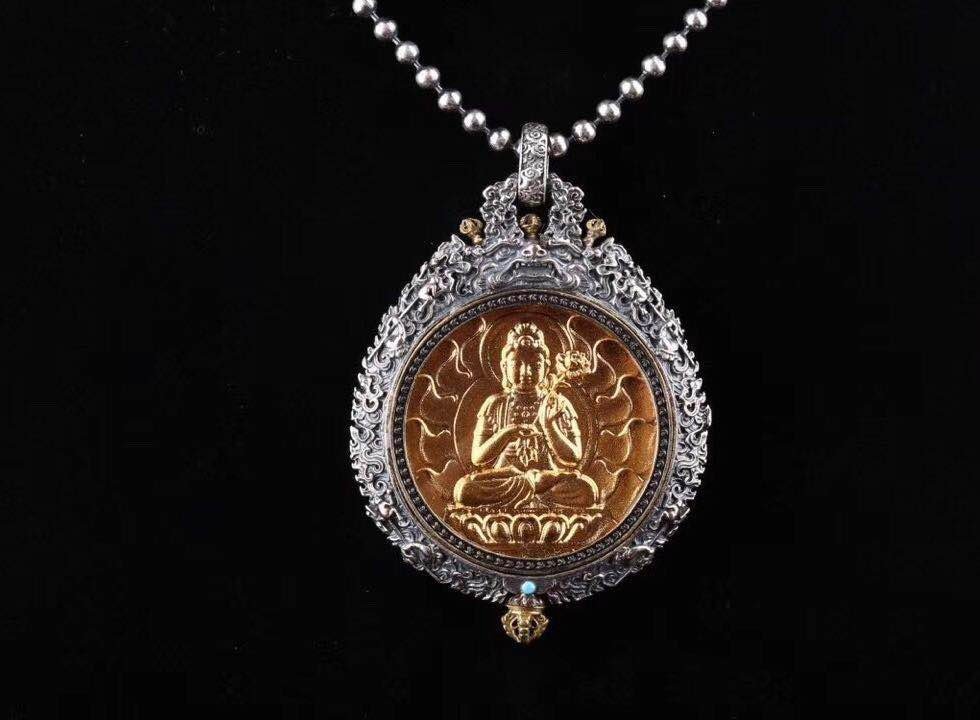 reliquaire de protection bouddhiste Mahasthamaprapta en argent massif 925 plaqué or 18k turquoise. roue de la vie - obsidian dragon
