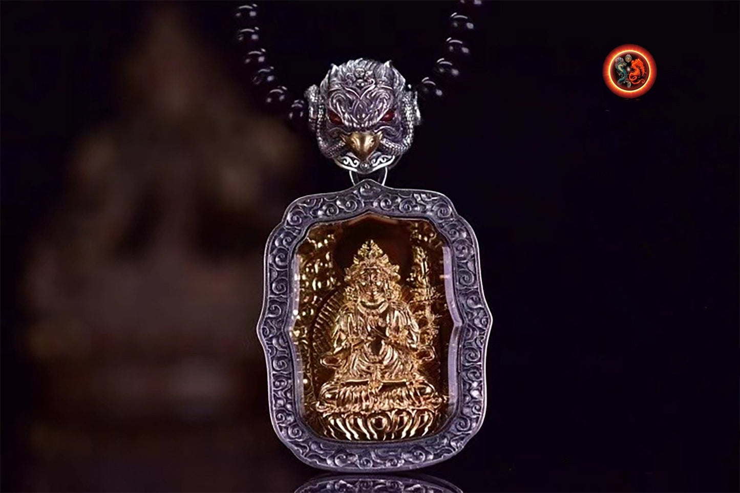 pendentif amulette de protection bouddhiste Mahasthamaprapta mala de prière et méditation 108 perles, argent 925 or 18K bélière Garuda - obsidian dragon