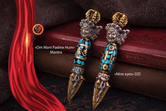 Pendentif dague Phurba bouddhisme vajrayana. DZI tournant au choix Mantra de la compassion "om mani padme hum" ou DZI à 9 yeux - obsidian dragon