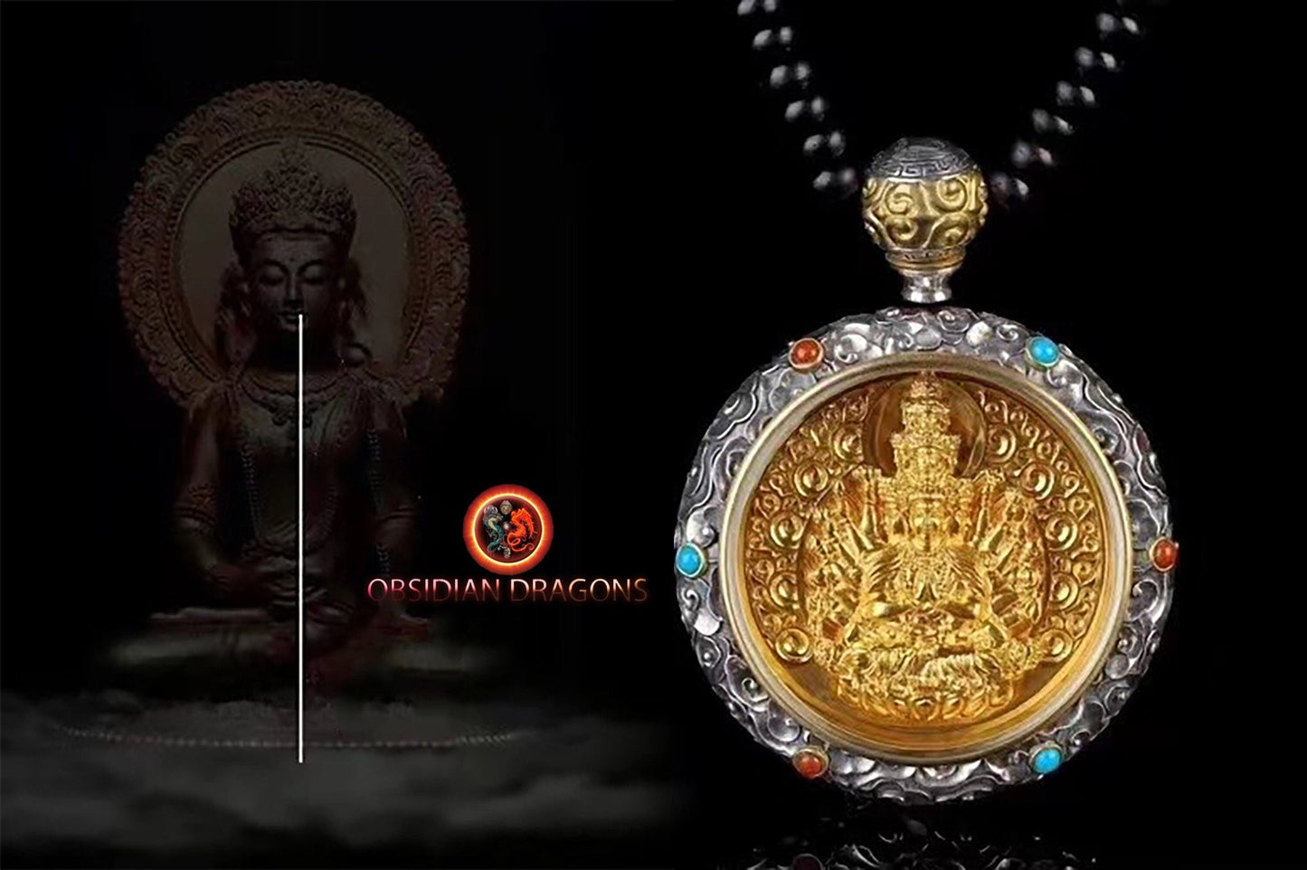 pendentif bouddha, amulette, ghau, gau . Chenrezi, Guan Yin bouddhisme vajrayana tibetain. Argent 925, plaqué or 24k, deux taille - obsidian dragon