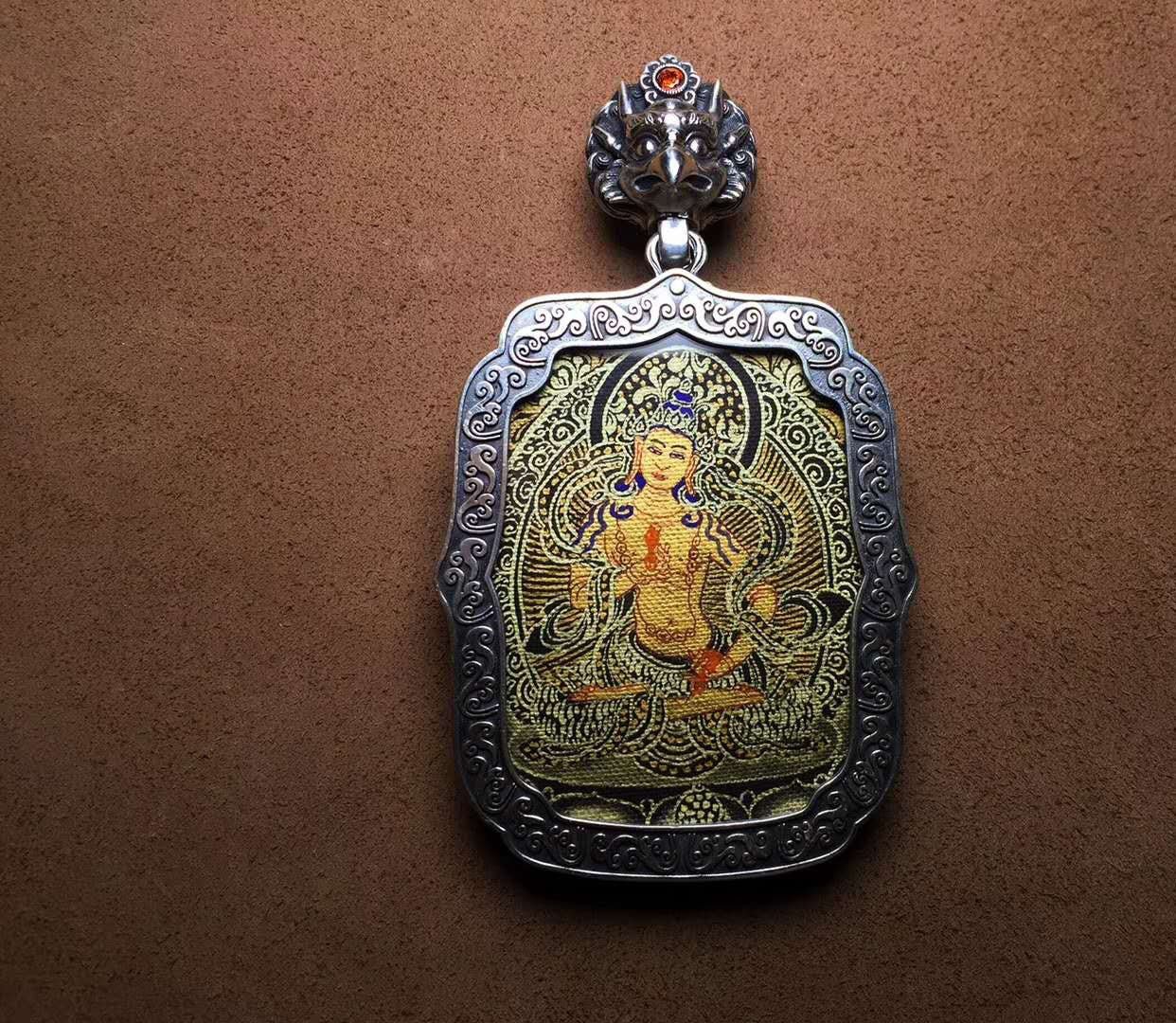 Pendentif Bouddha Samantabhadra. Amulette de protection tibétaine en argent massif 925 - Tangka traditionnel - obsidian dragon