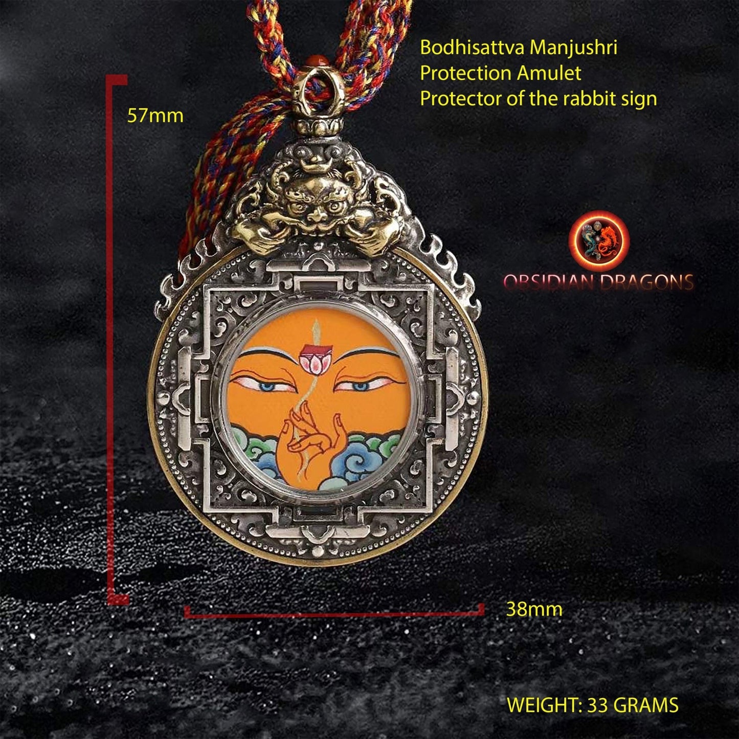 Ghau, amulette pendentif bouddhiste tibetain, bouddha protecteur en fonction de son signe zodiacal, au choix, lievre, rat, buffle ou coq - obsidian dragon