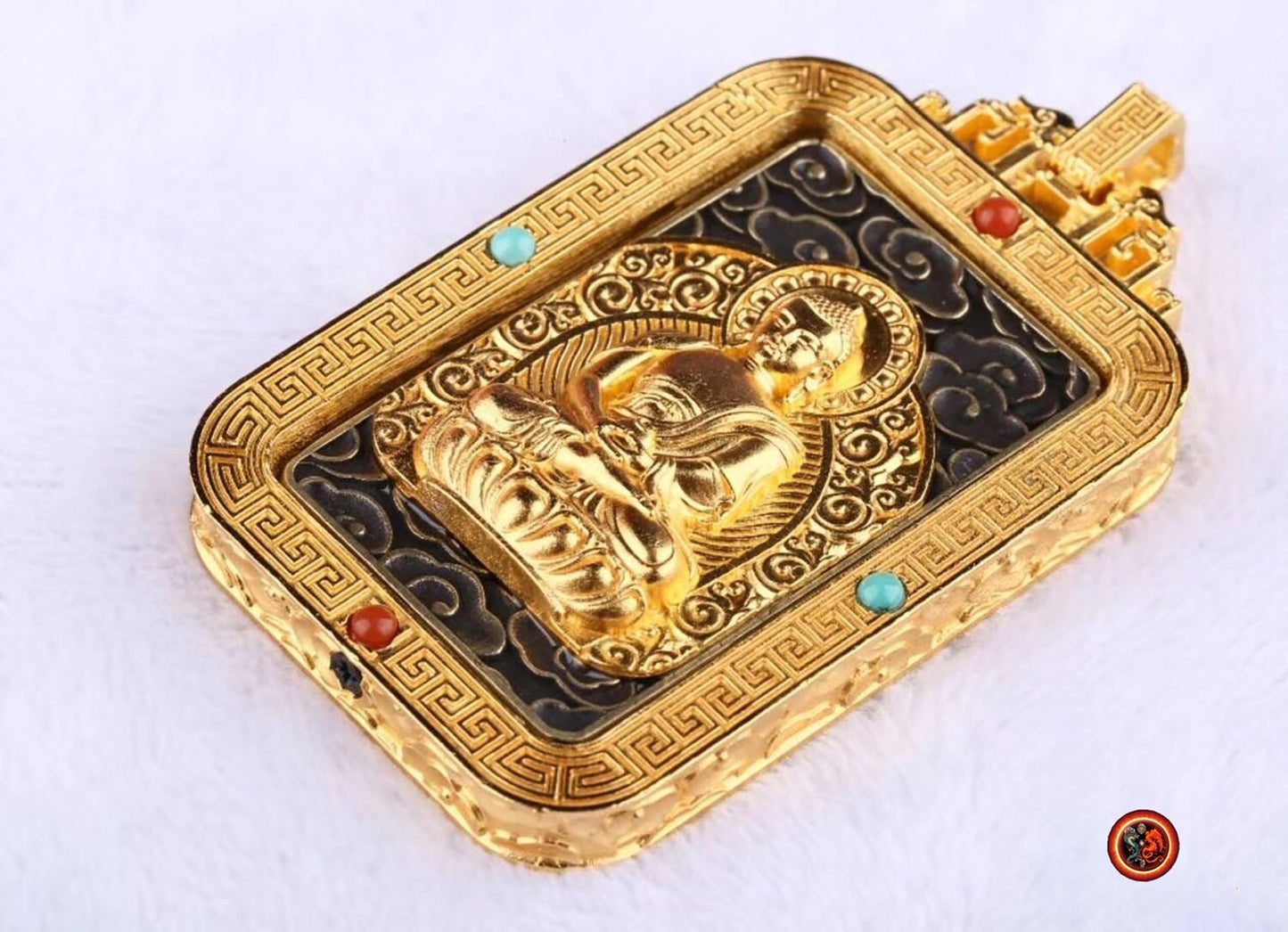 Pendentif bouddha Amitabha. Amulette de protection bouddhiste. Mantra de la compassion. Pendentif tournant sur un axe vertical - obsidian dragon