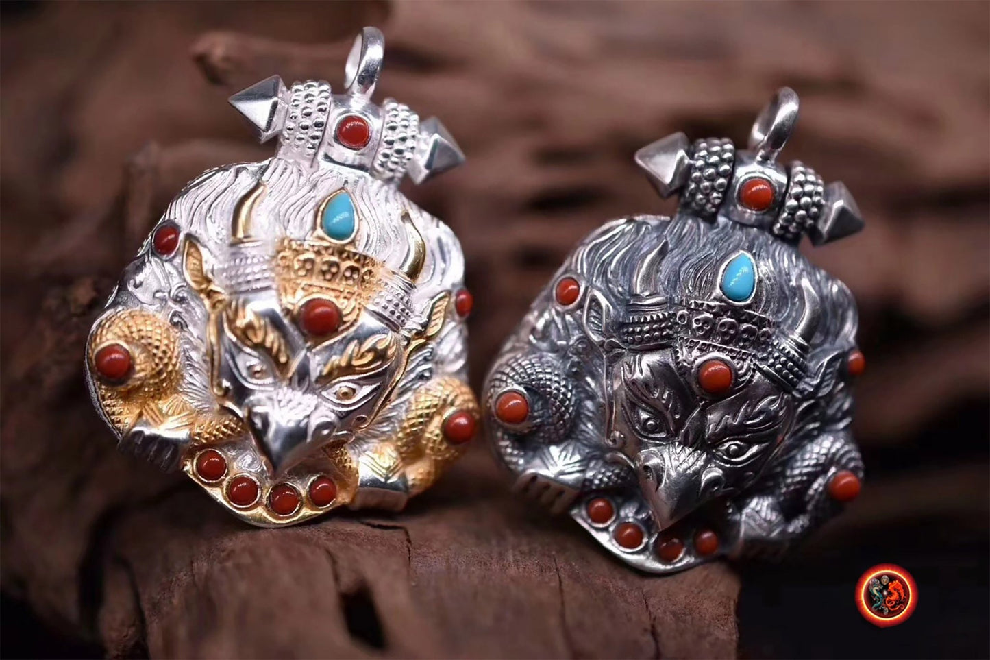 Gau, reliquaire, pendentif de protection bouddhiste, Garuda, argent 925, turquoise, agate nan hong, argent brillant ou vieilli. - obsidian dragon