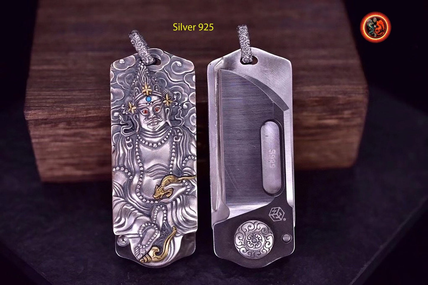 amulette, pendentif, protection bouddhiste tibetaine. Couteau. Jambhala. Argent 925, lame en acier inoxydable. Turquoise, agate nan hong. - obsidian dragon