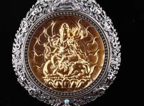 reliquaire de protection bouddhiste Samantabhadra en argent massif 925 plaqué or 18k turquoise. roue de la vie - obsidian dragon